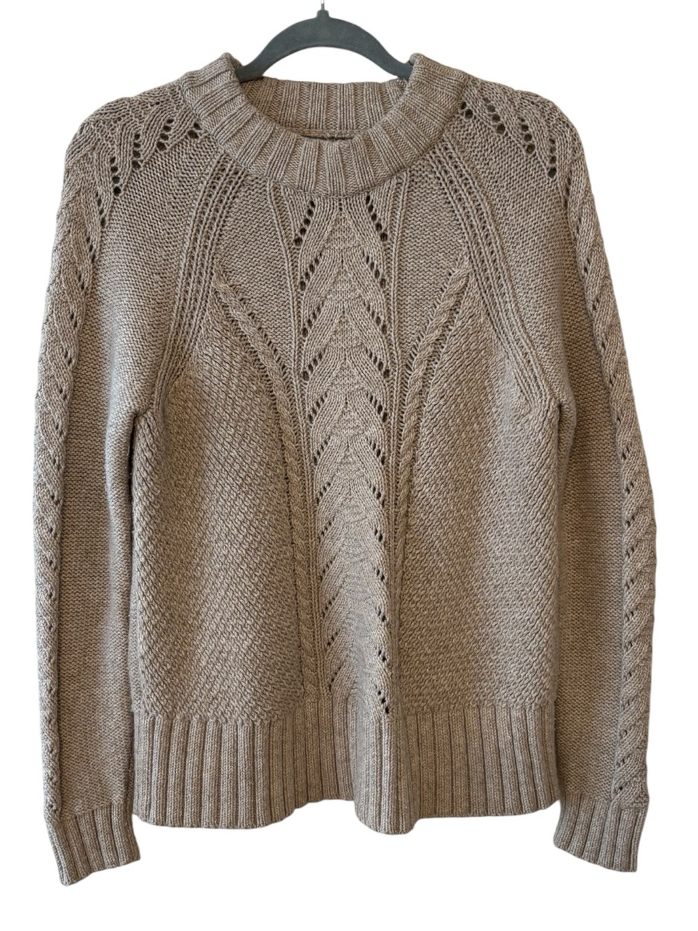LOFT Oatmeal Beige Fisherman Crewneck Knit Sweater Size Large